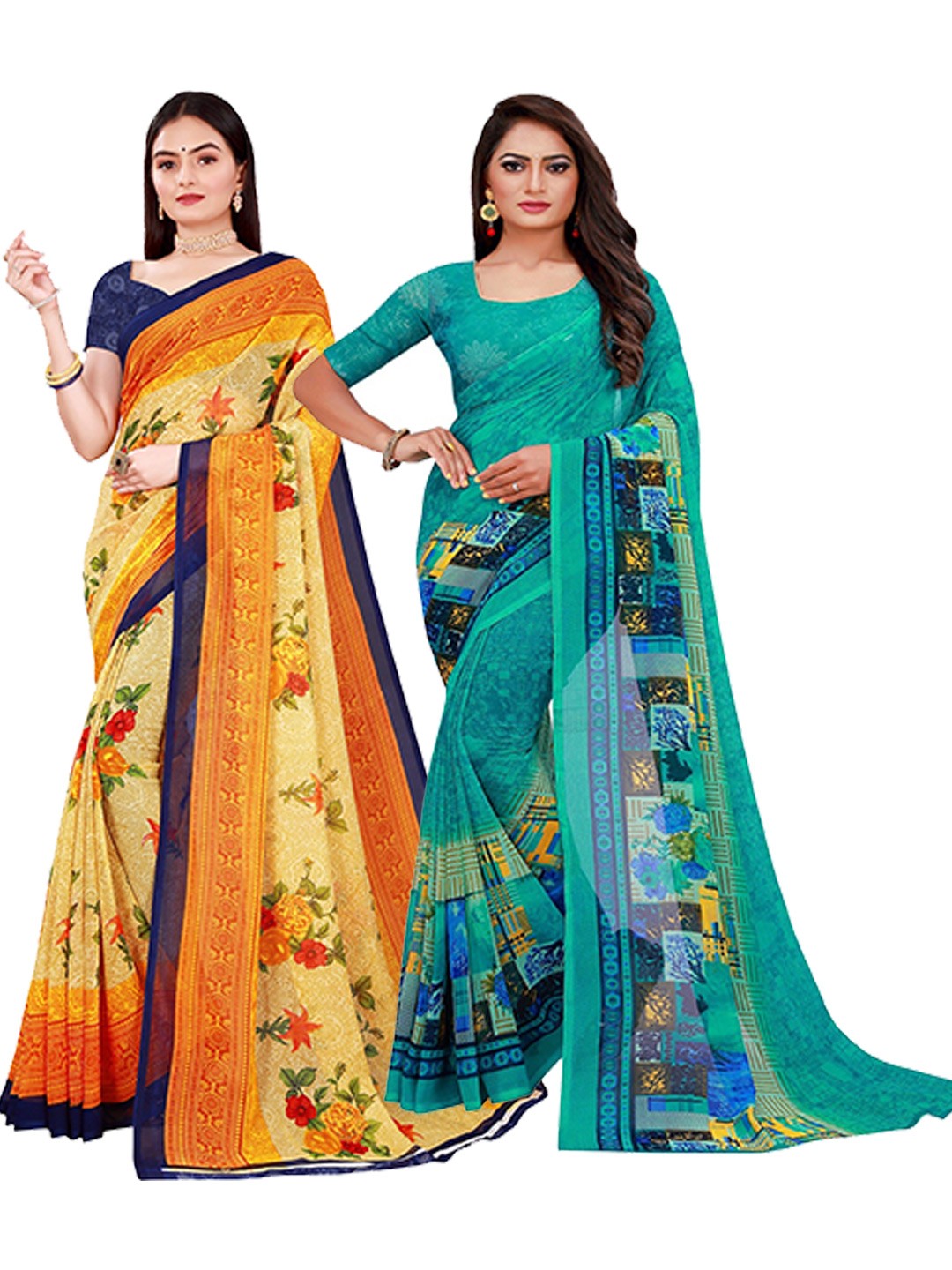 

Florence Pack Of 2 Green & Navy Blue Pure Georgette Sarees