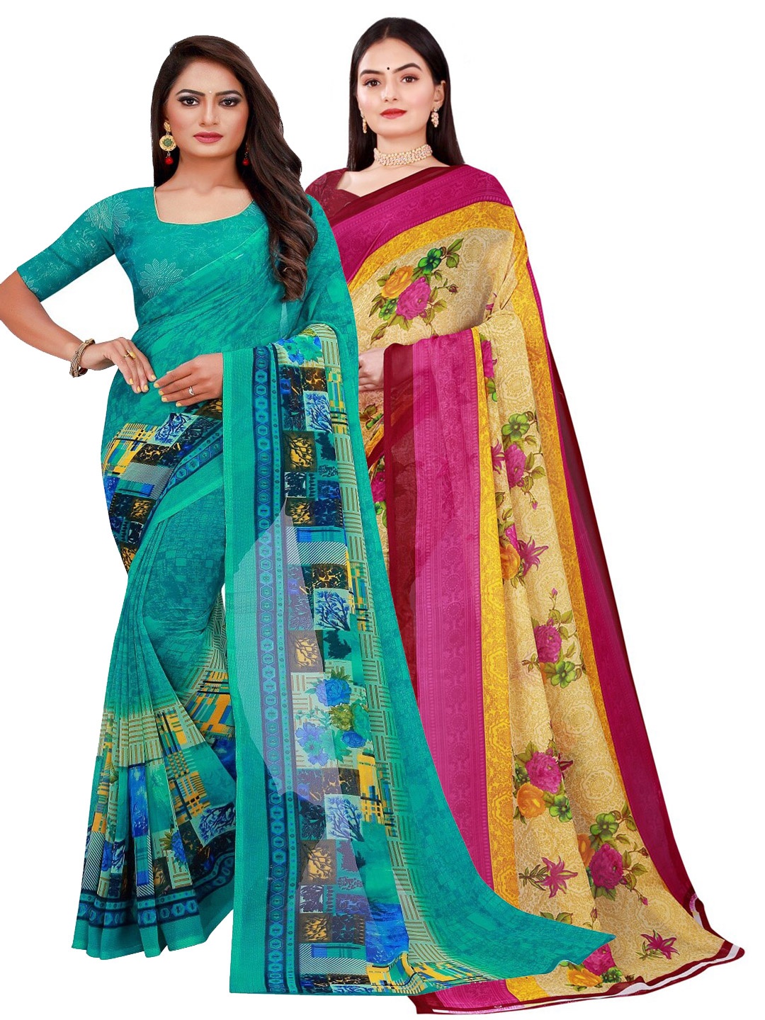 

Florence Green & Yellow Printed Pure Georgette Saree