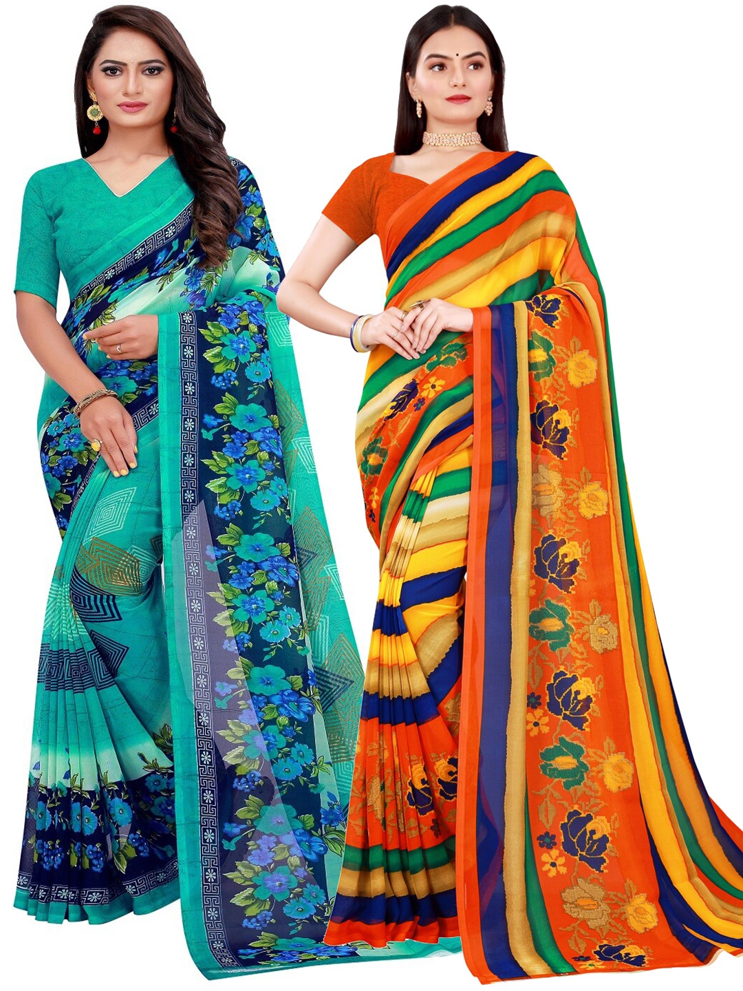 

Florence Pack Of 2 Green & Orange Floral Pure Georgette Saree