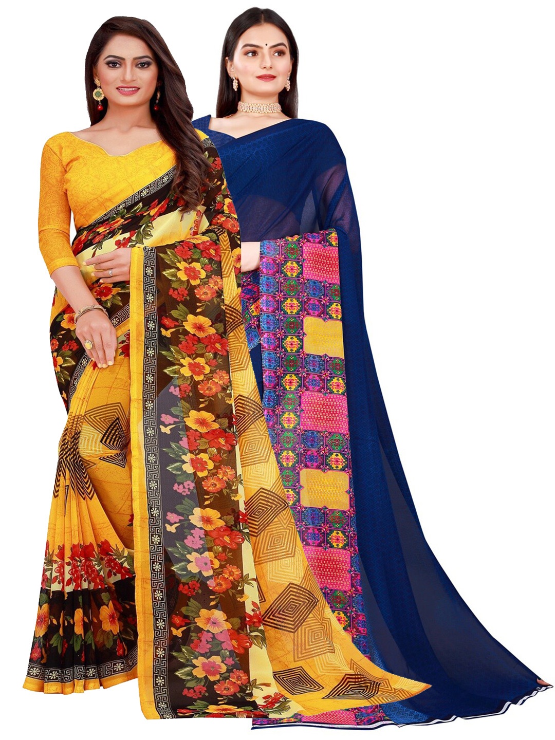 

Florence Pack of 2 Yellow & Navy Blue Floral Pure Georgette Sarees