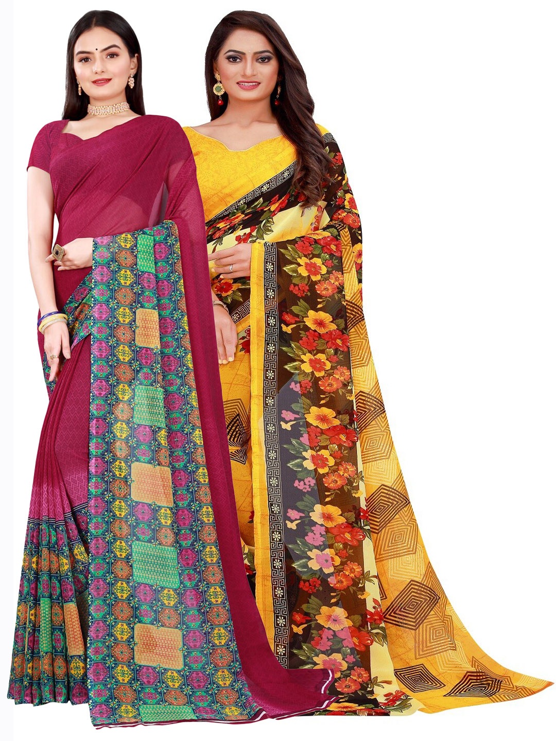 

Florence Set Of 2 Yellow & Pink Floral Pure Georgette Saree