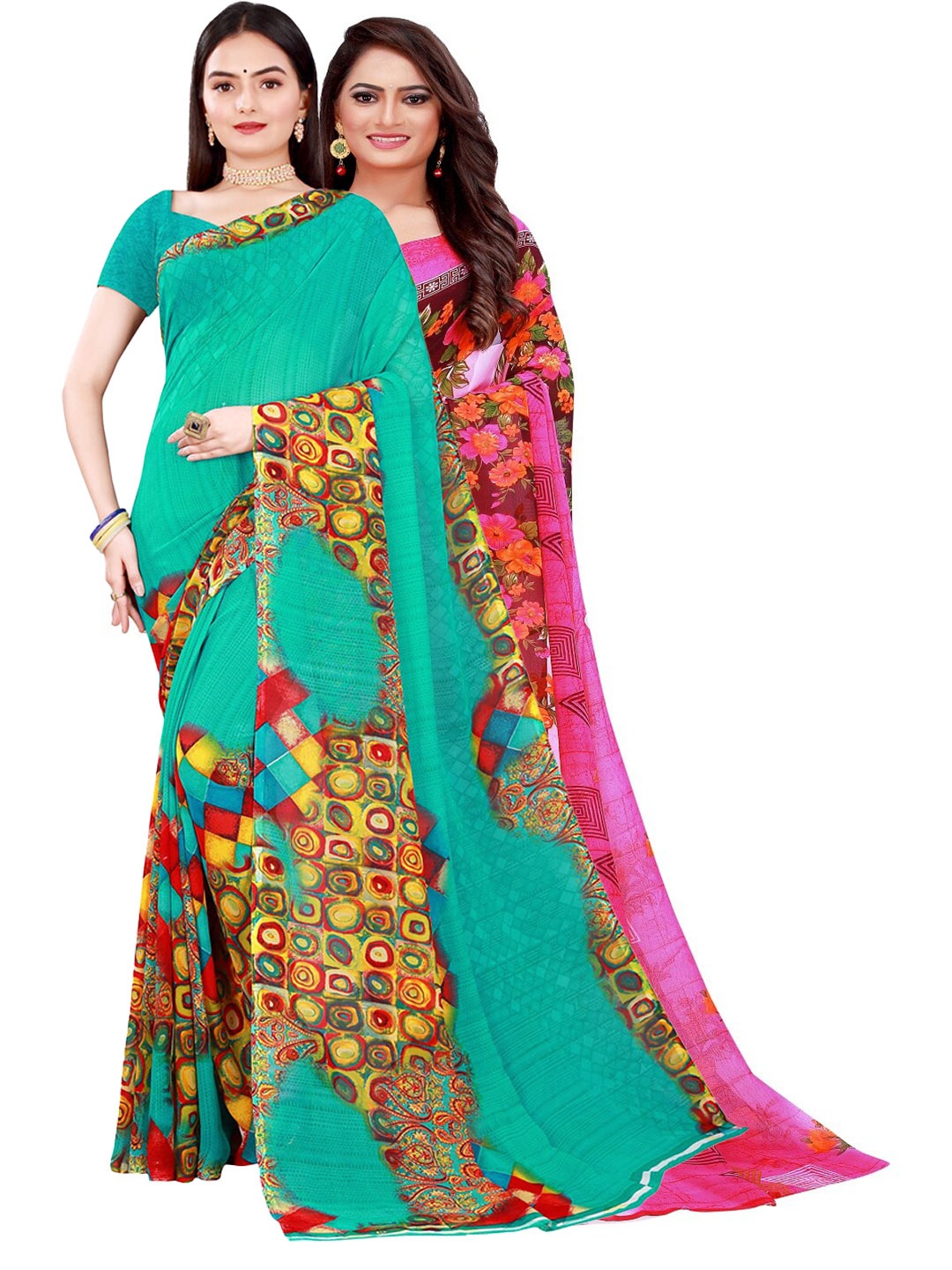 Florence Pink & Green Set Of 2 Floral Pure Georgette Saree