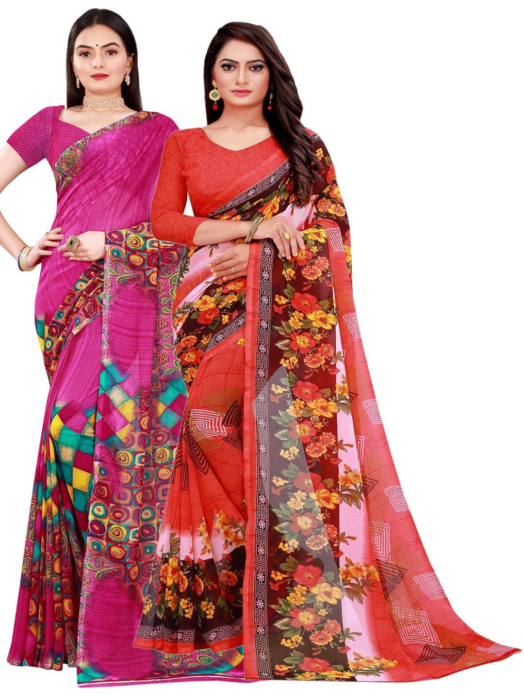 

Florence Peach-Coloured & Pink Floral Printed Pure Georgette Saree Pack Of 2