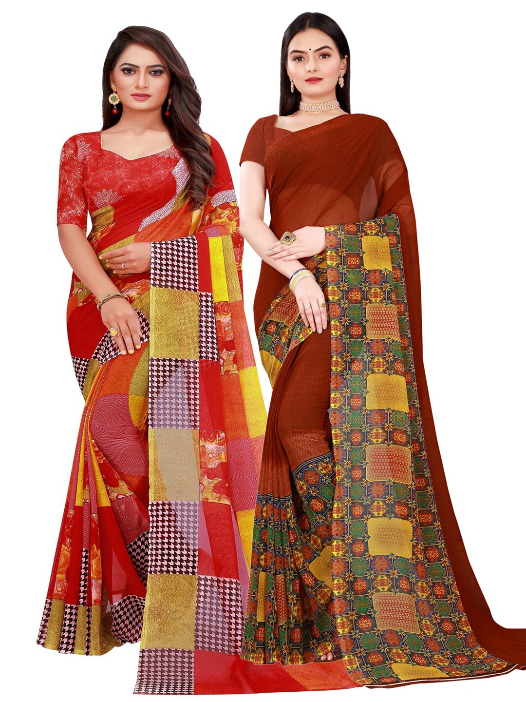 

Florence Pack Of 2 Red & Brown Floral Pure Georgette Saree