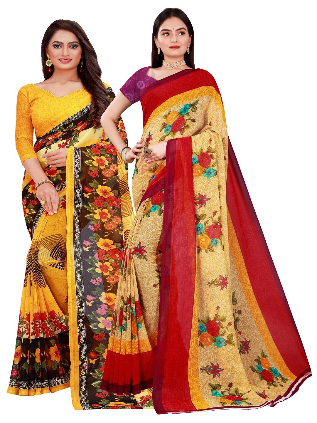 Florence Pack Of 2 Yellow & Red Pure Georgette Saree