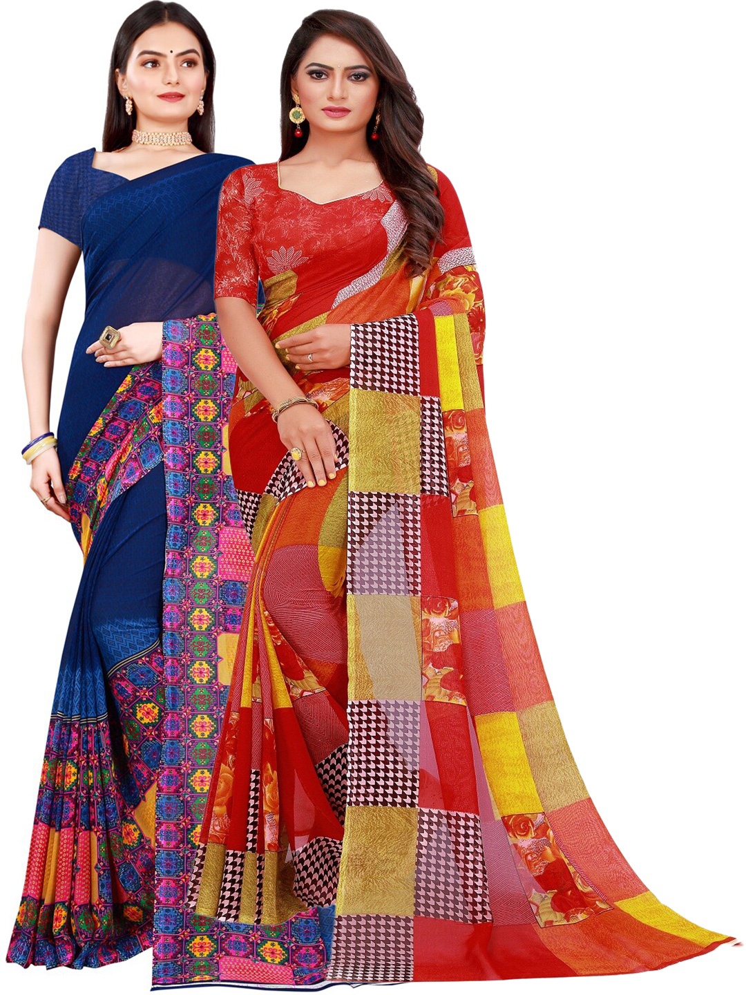 

Florence Set Of 2 Red & Navy Blue Floral Pure Georgette Saree