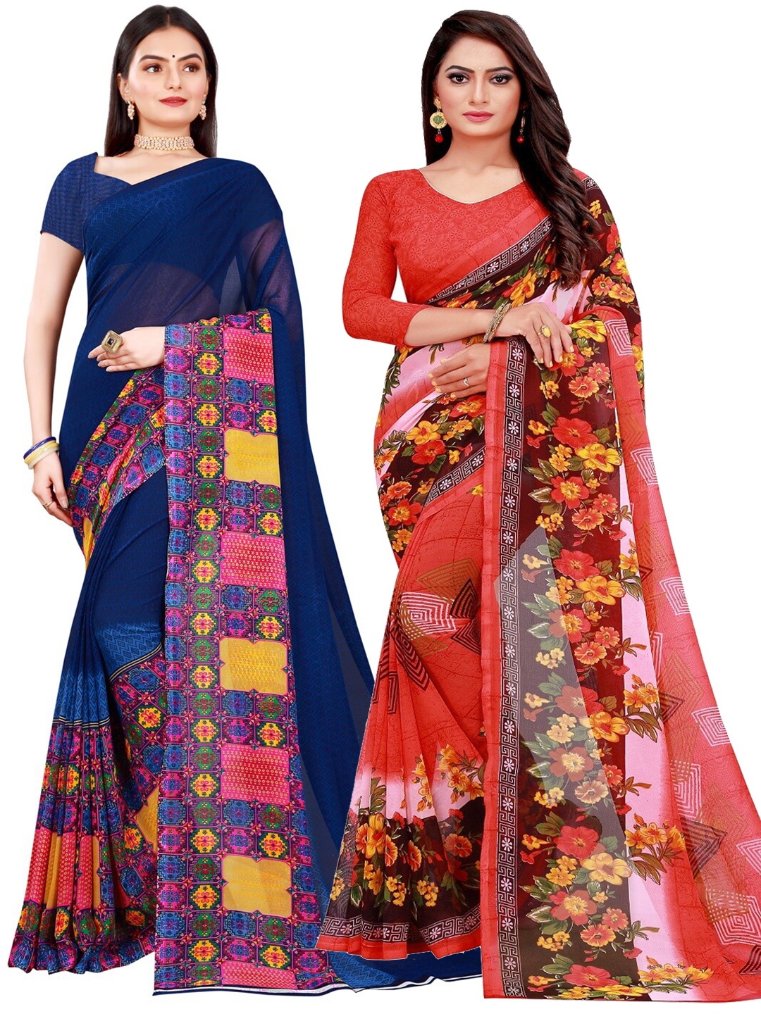 

Florence Pack of 2 Peach-Coloured & Navy Blue Floral Pure Georgette Sarees