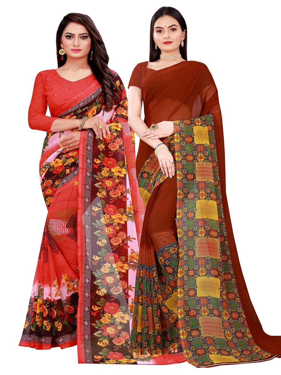 

Florence Red & Brown Set Of 2 Floral Pure Georgette Saree