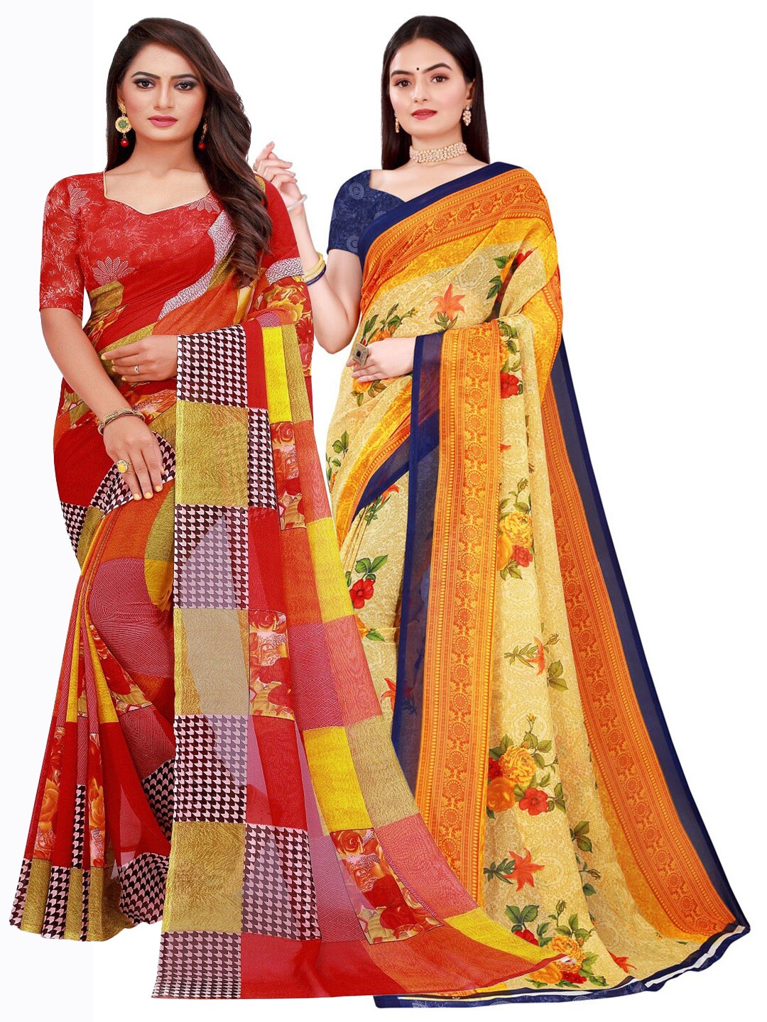 

Florence Pack Of 2 Red & Navy Blue Pure Georgette Sarees