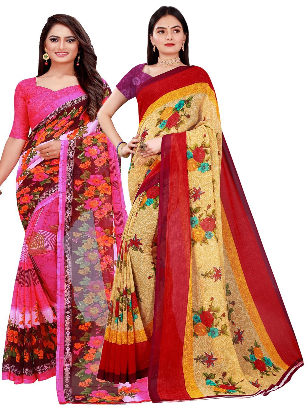 

Florence Pack Of 2 Pink & Red Floral Pure Georgette Saree