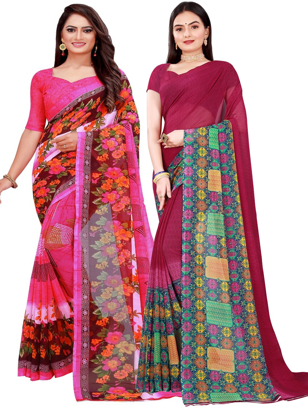 Florence Set Of 2 Pink & Green Floral Pure Georgette Saree