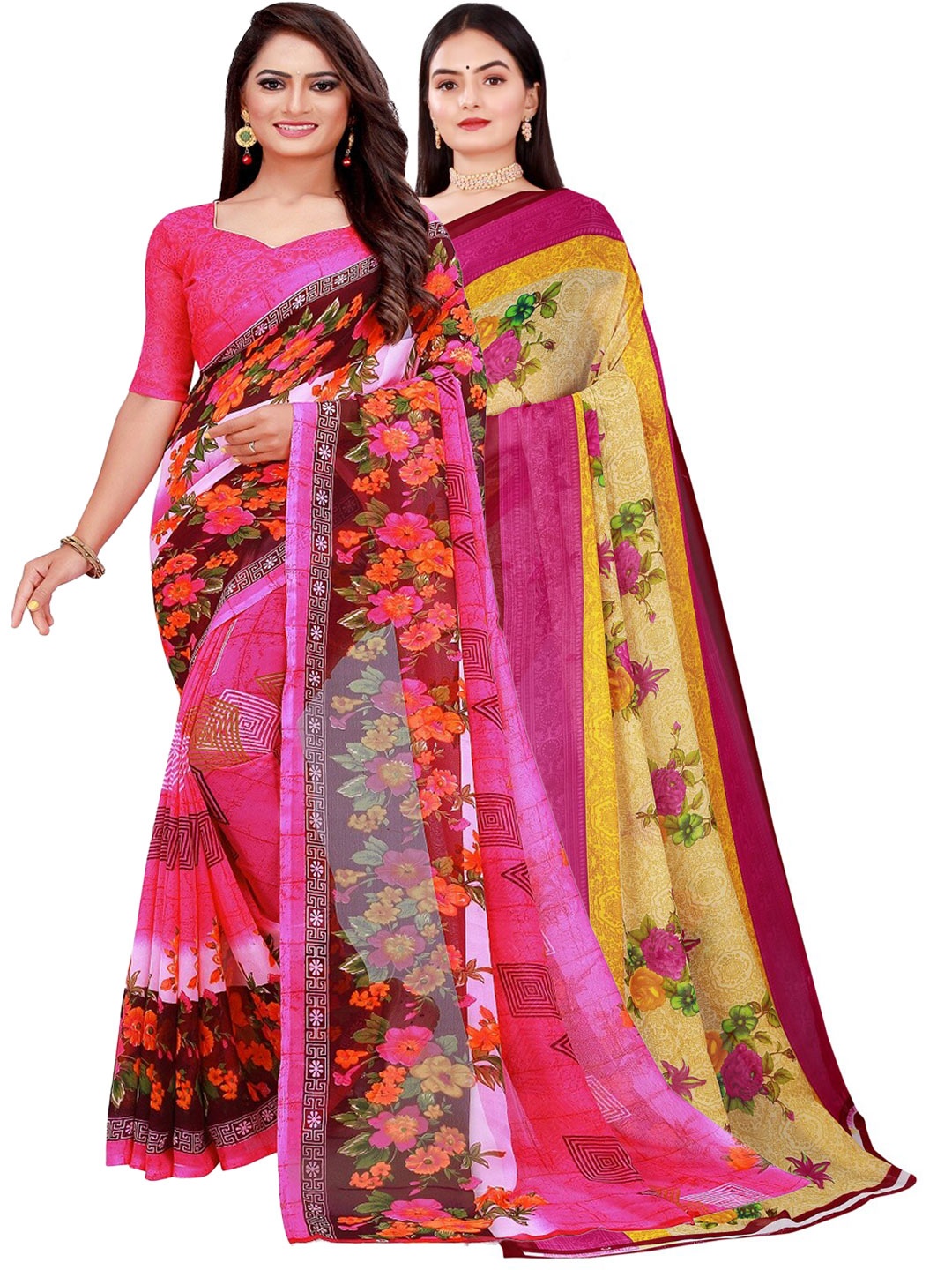 

Florence Pink & Yellow Set of 2 Floral Printed Georgette Saree