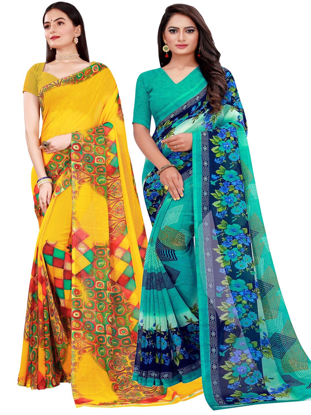 Florence Pack of 2 Green & Yellow Floral Pure Georgette Sarees