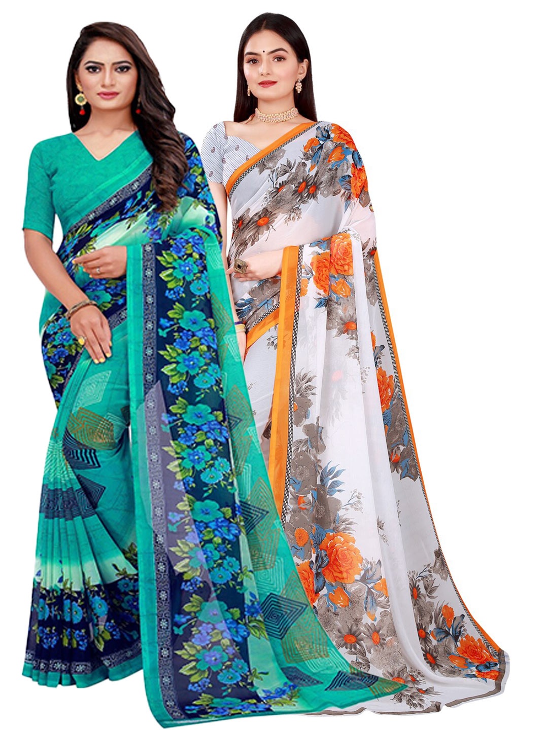 

Florence Green & White Printed Pure Georgette Saree