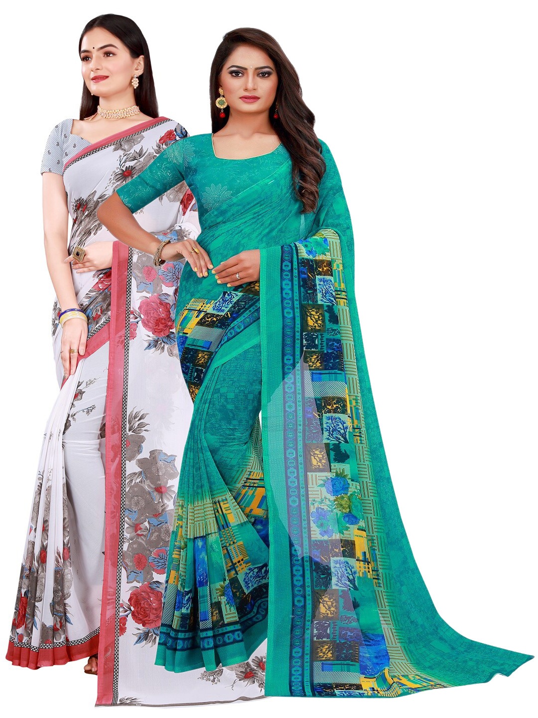 

Florence Pack Of 2 Green & White Pure Georgette Sarees
