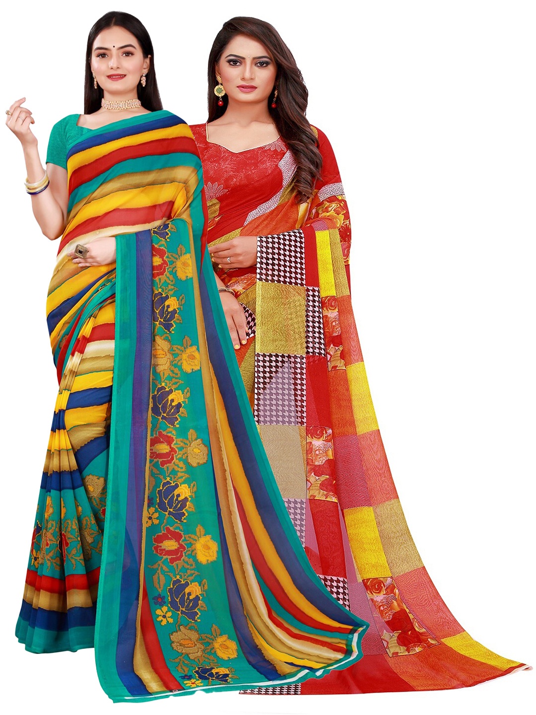 

Florence Pack Of 2 Red & Teal Floral Pure Georgette Saree