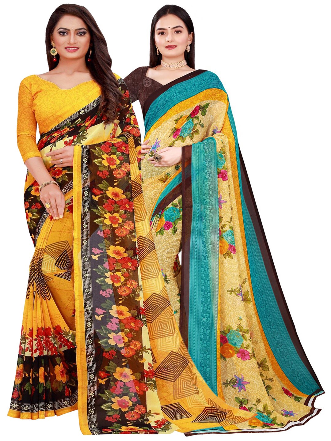 

Florence Set Of 2 Yellow & Blue Floral Pure Georgette Saree