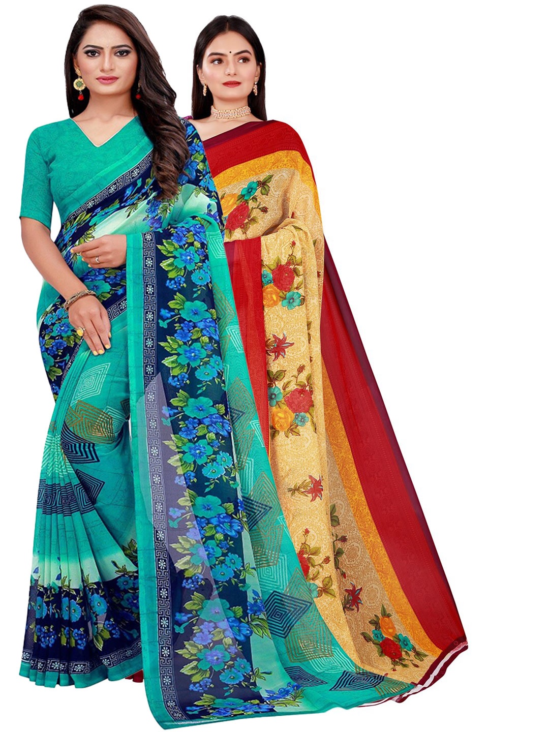 

Florence Green & Red Set Of 2 Floral Pure Georgette Saree