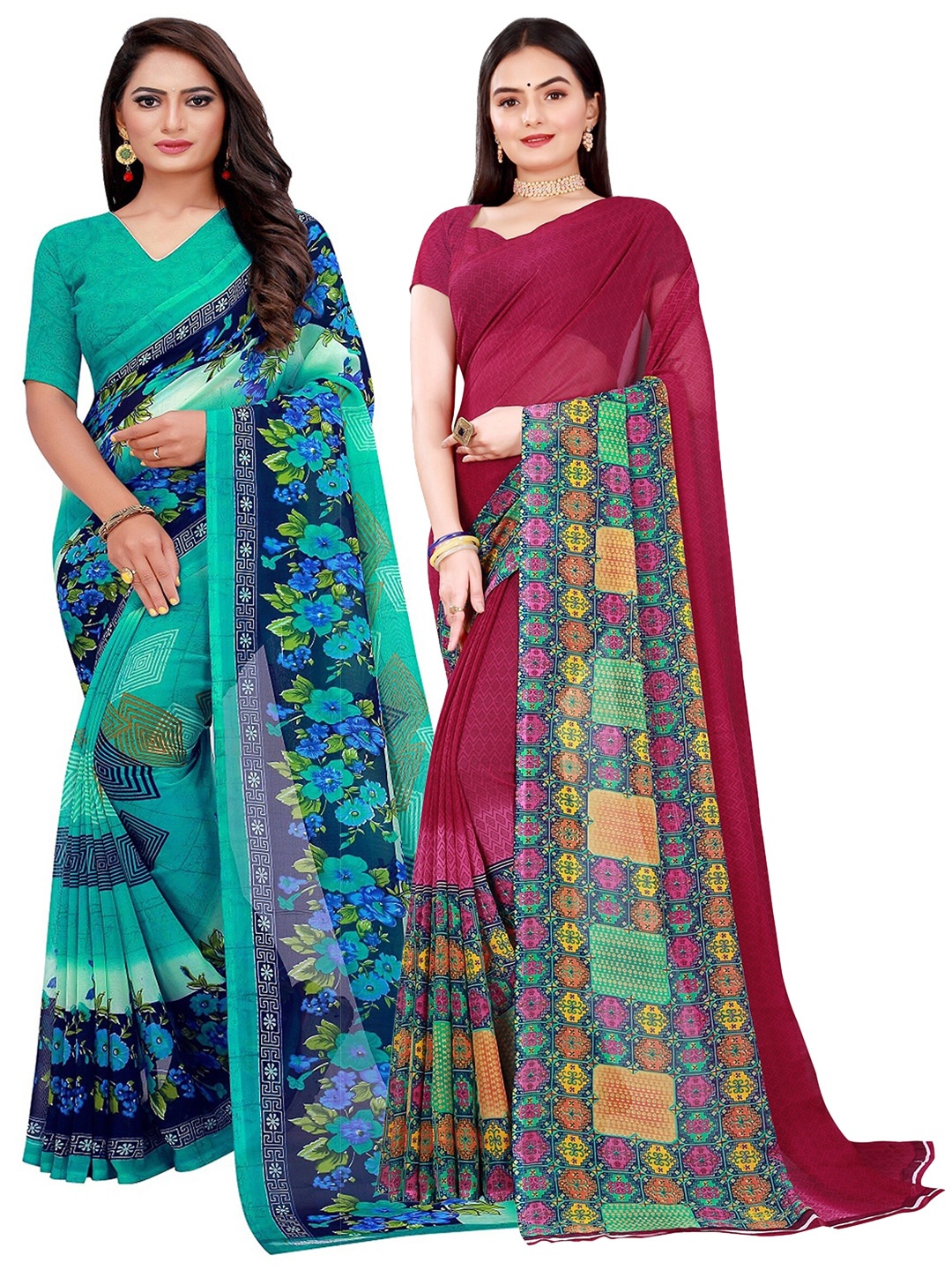 

Florence Green & Magenta Floral Printed Pure Georgette Saree Pack Of 2