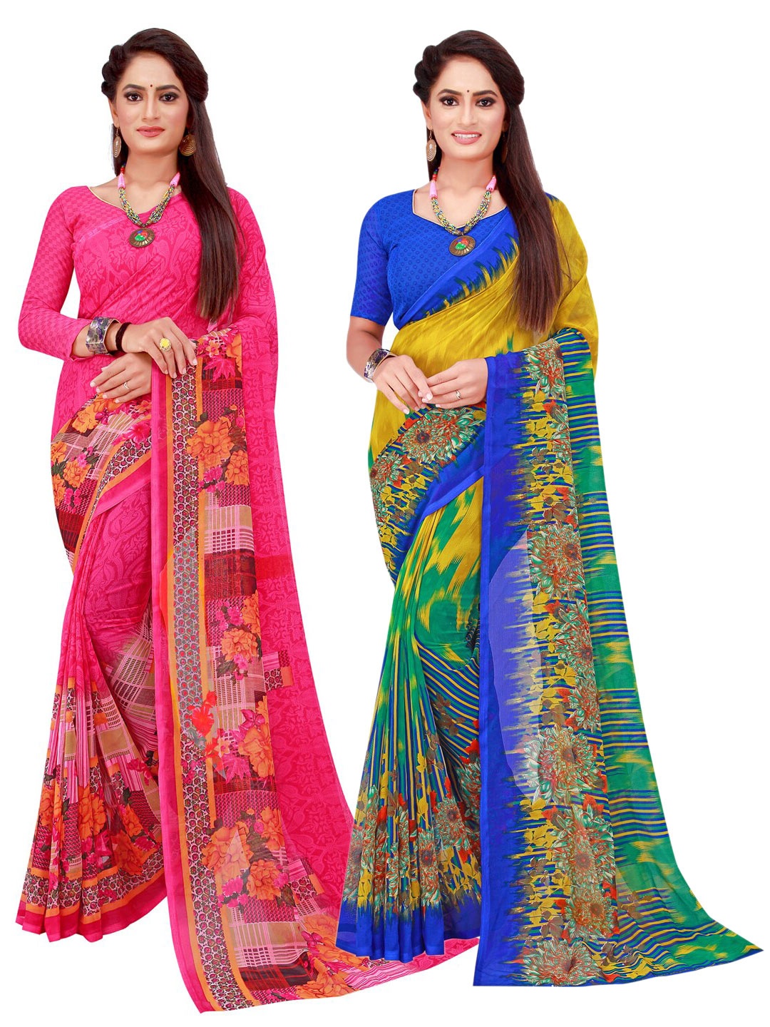 KALINI Pack Of 2 Magenta & Blue Floral Pure Georgette Saree