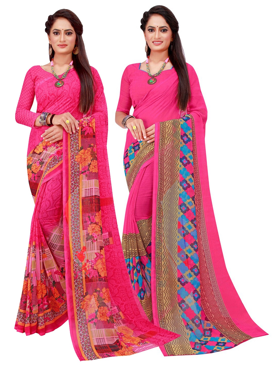 

KALINI Pack Of 2 Red & Magenta Pure Georgette Saree
