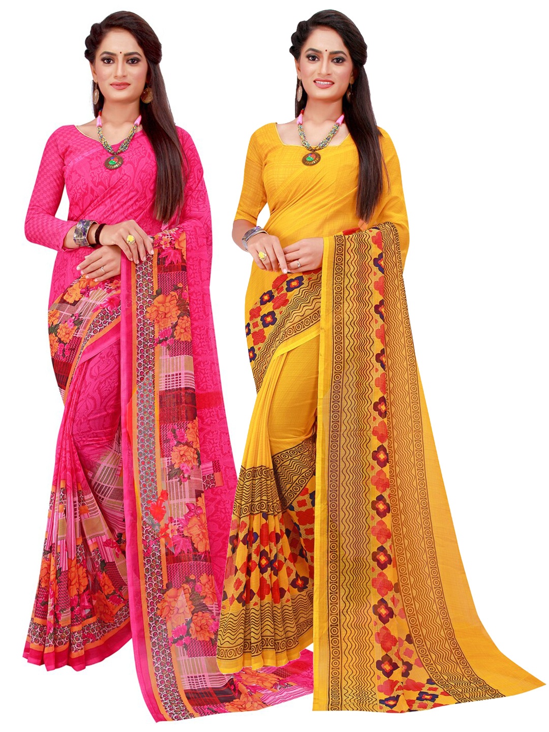 

KALINI Set Of 2 Magenta & Yellow Floral Pure Georgette Saree