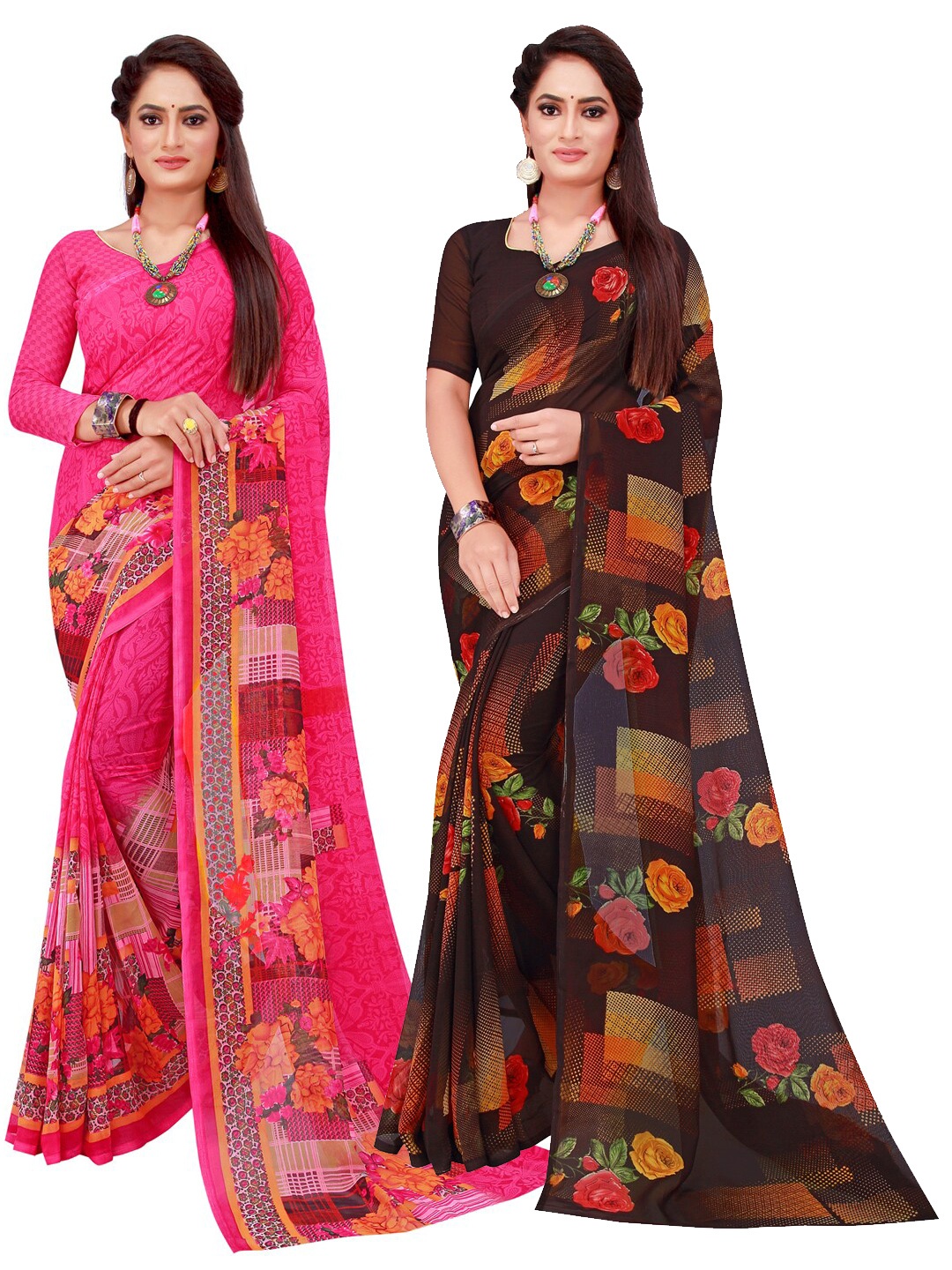 

KALINI Magenta & Black Set Of 2 Floral Pure Georgette Saree