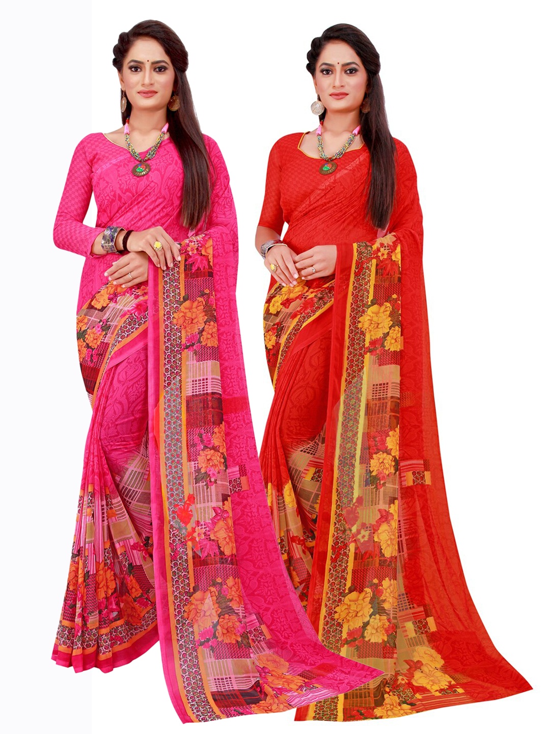 

KALINI Pack Of 2 Magenta & Red Pure Georgette Saree