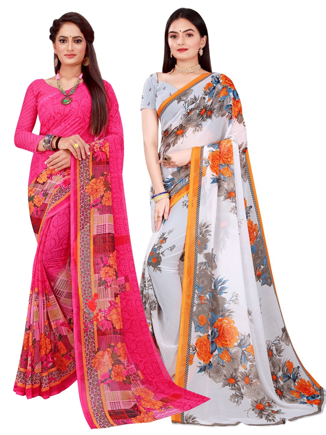 

KALINI Pack Of 2 Magenta & White Floral Pure Georgette Saree