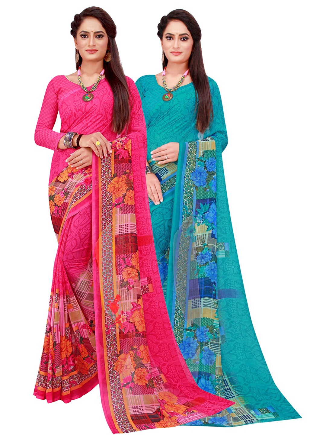 

KALINI Pink & Blue Floral Printed Pure Georgette Saree Pack Of 2
