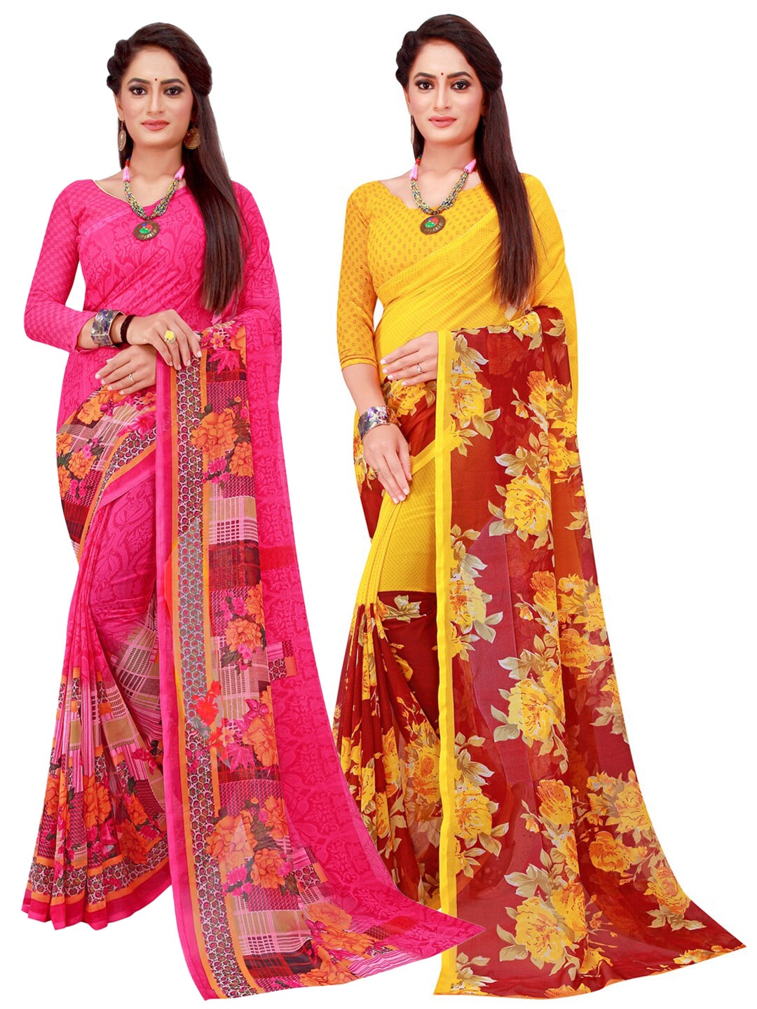 

KALINI Pack Of 2 Magenta & Yellow Floral Pure Georgette Saree