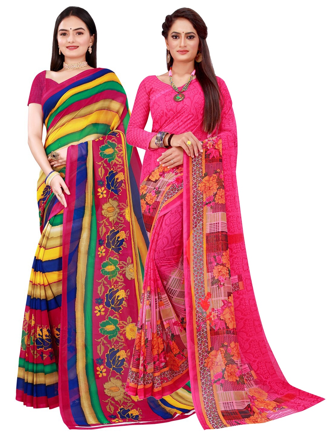 

KALINI Pack of 2 Magenta & Yellow Floral Pure Georgette Sarees
