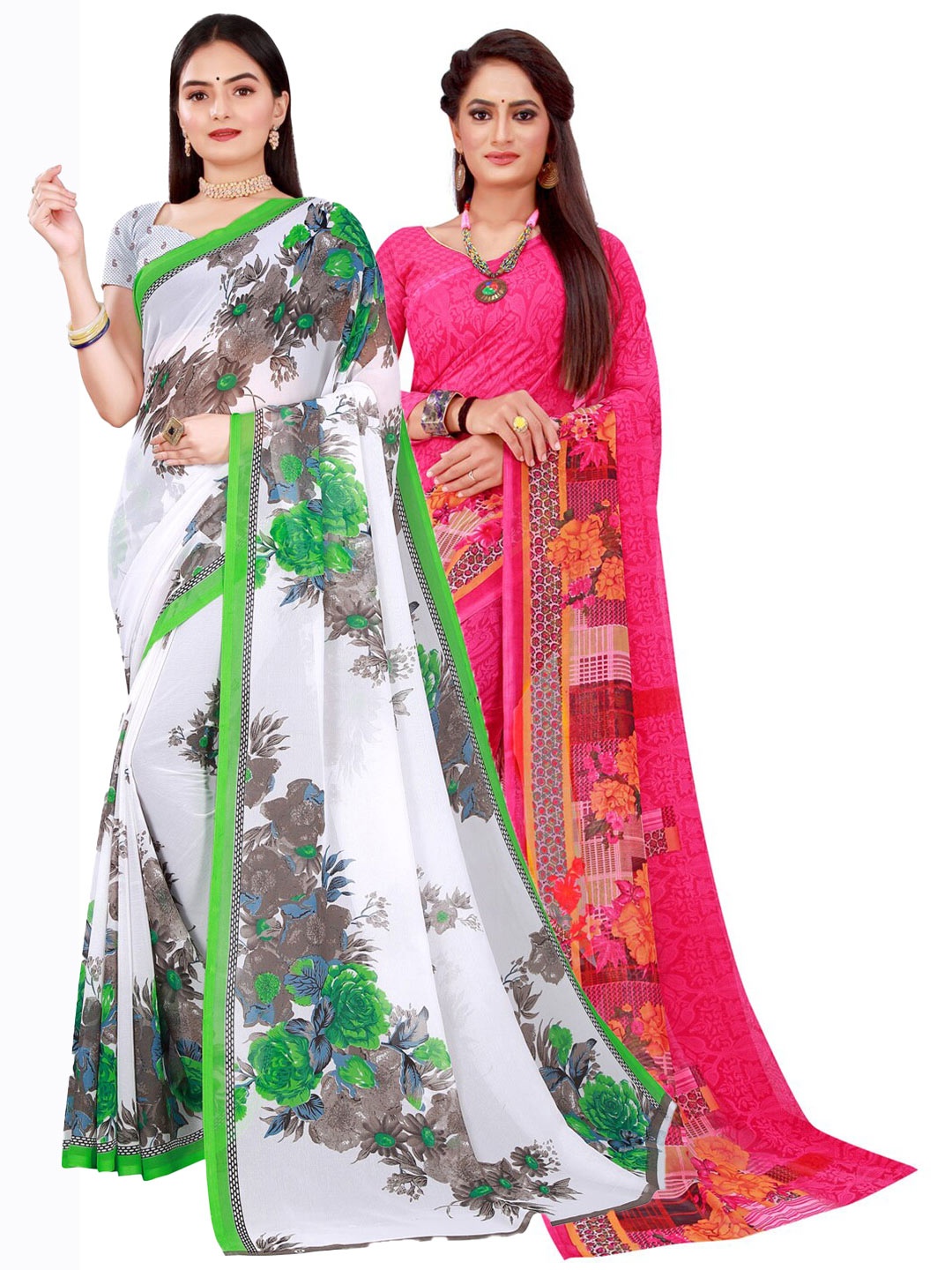 

KALINI Magenta & White Floral Printed Pure Georgette Saree Pack Of 2