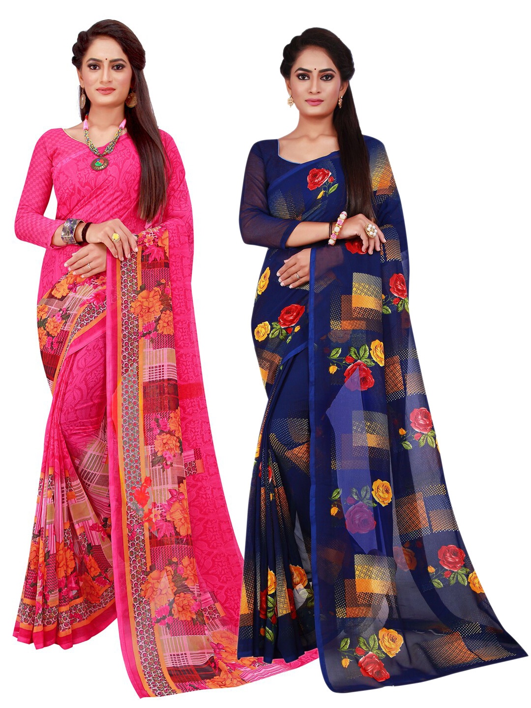 

KALINI Magenta & Navy Blue Set of 2 Floral Printed Georgette Saree