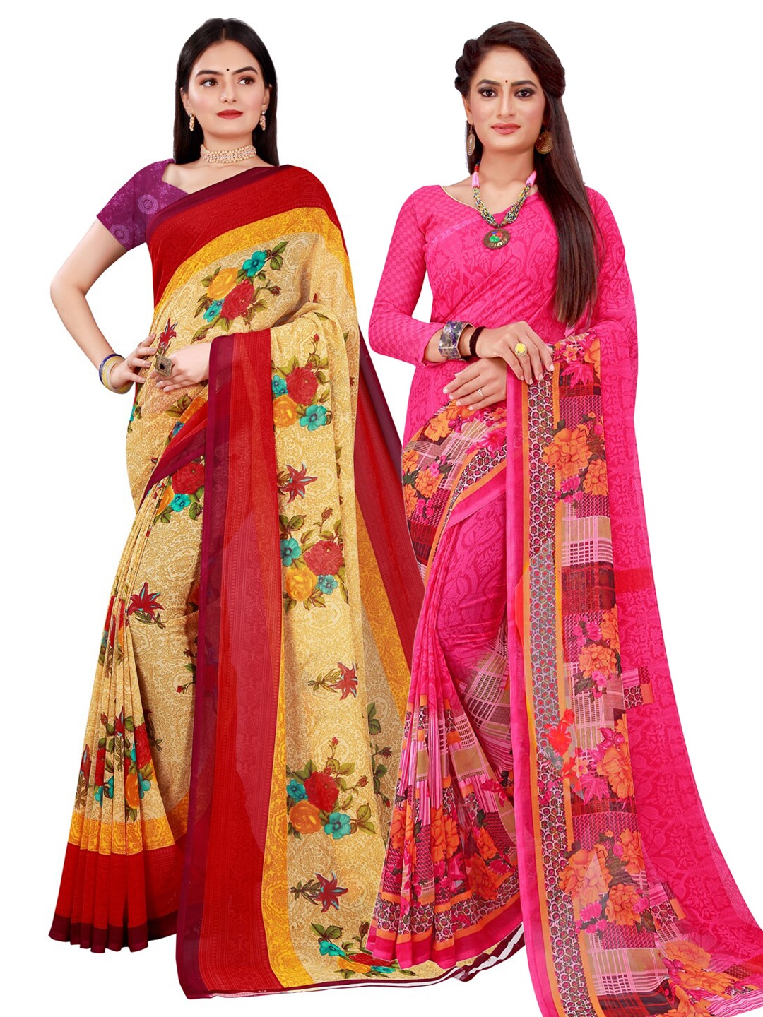 

KALINI Pack Of 2 Beige & Magenta Floral Pure Georgette Sarees
