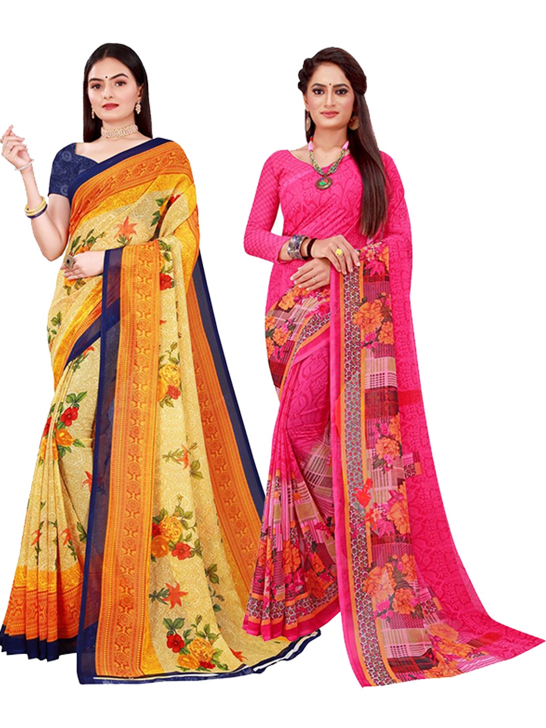 

KALINI Pack Of 2 Beige & Magenta Floral Pure Georgette Saree