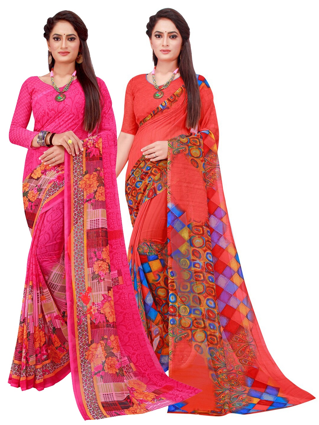 

KALINI Set Of 2 Red & Pink Floral Pure Georgette Saree