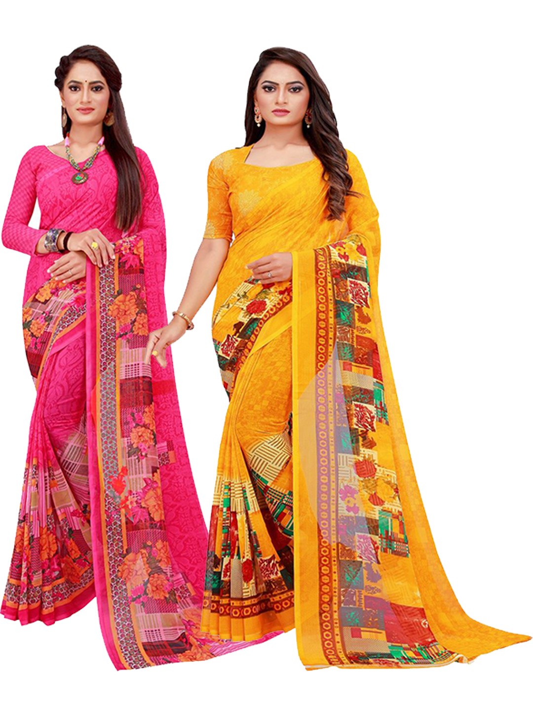 

KALINI Pack Of 2 Magenta & Yellow Pure Georgette Saree