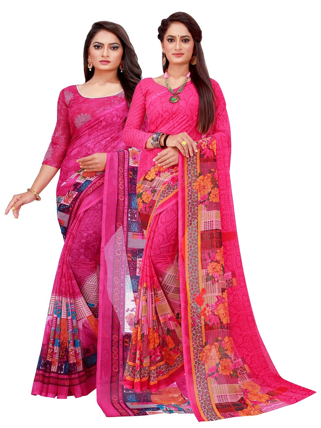 

KALINI Pack of 2 Magenta & Blue Floral Pure Georgette Sarees