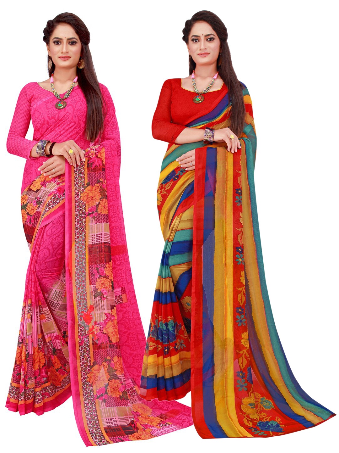 

KALINI Red & Pink Set of 2 Floral Printed Georgette Saree