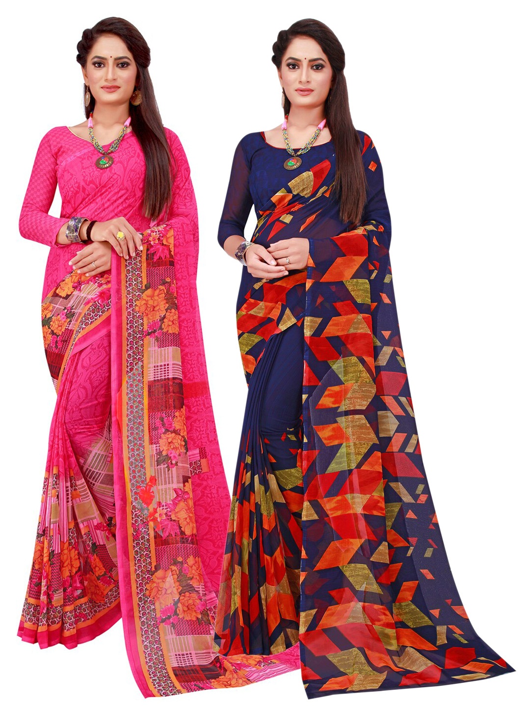 KALINI Navy Blue & Pink Printed Pure Georgette Saree Pack Of 2