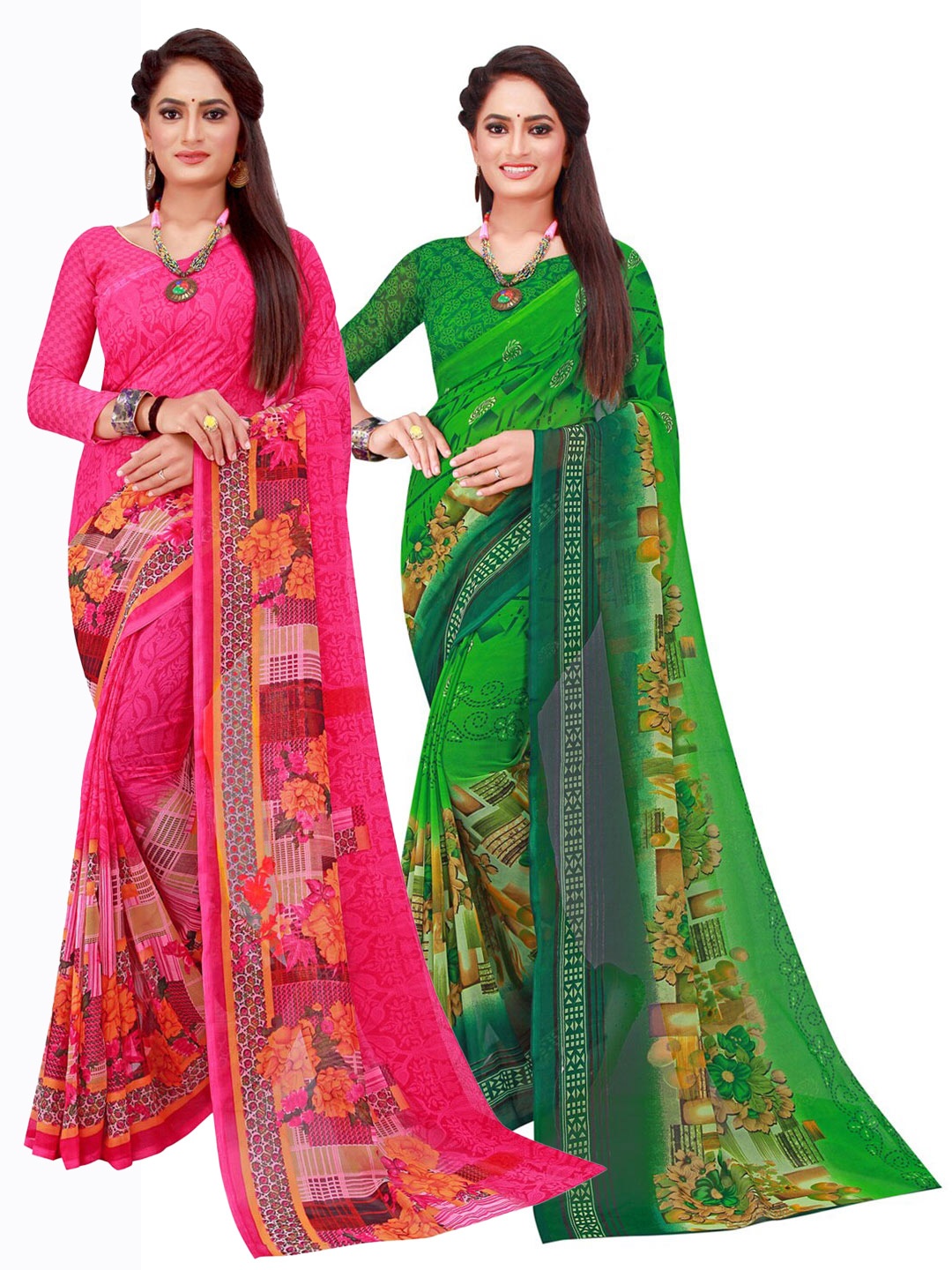 

KALINI Pack Of 2 Magenta & Green Floral Pure Georgette Saree