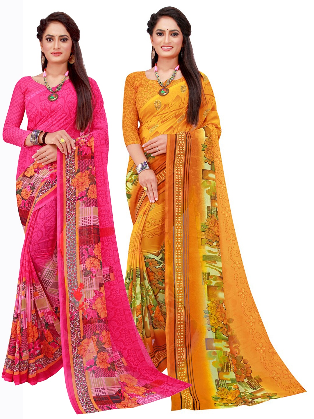 

KALINI Set Of 2 Magenta & Yellow Floral Pure Georgette Saree