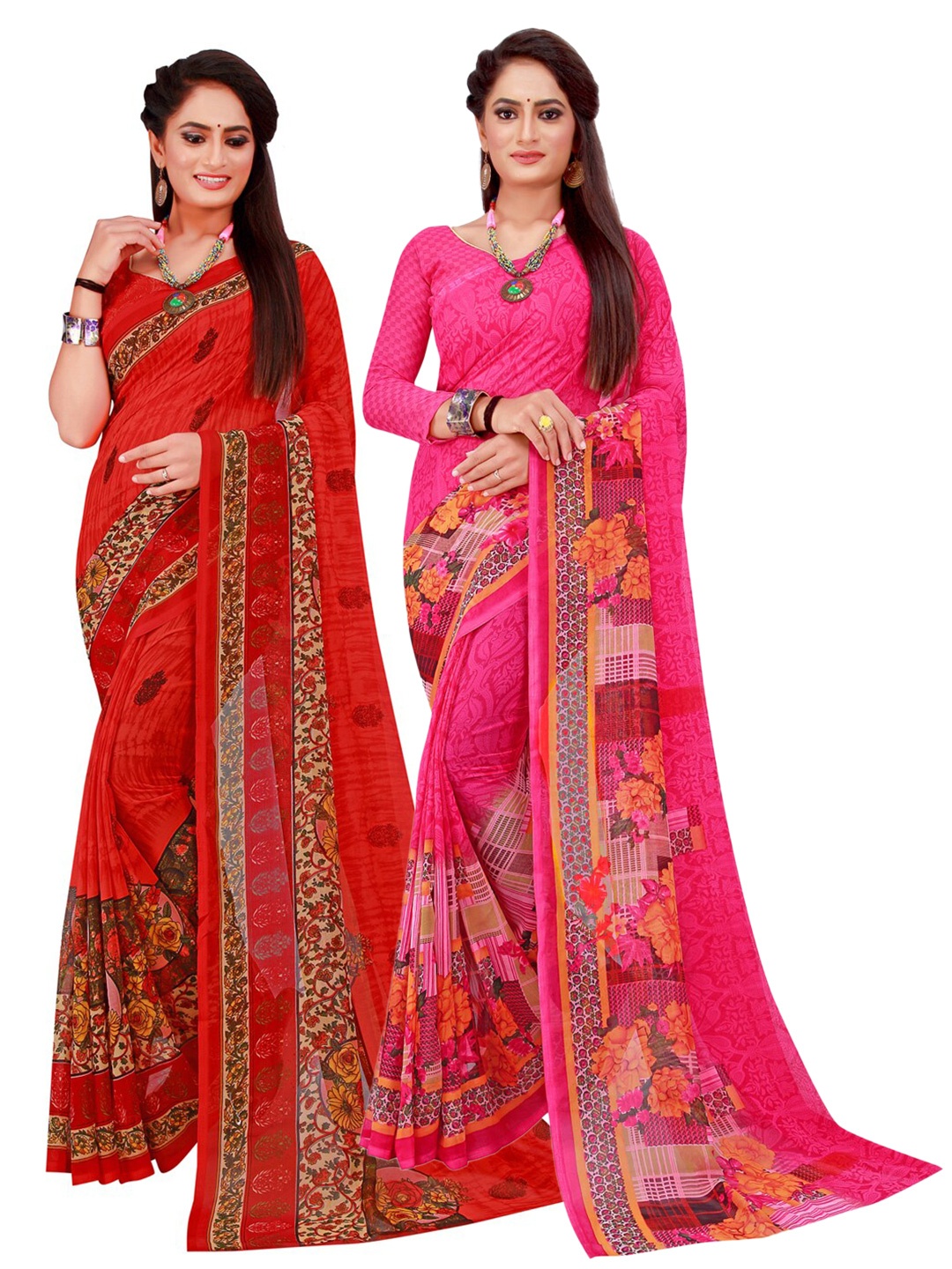 

KALINI Pack of 2 Magenta & Red Floral Pure Georgette Sarees