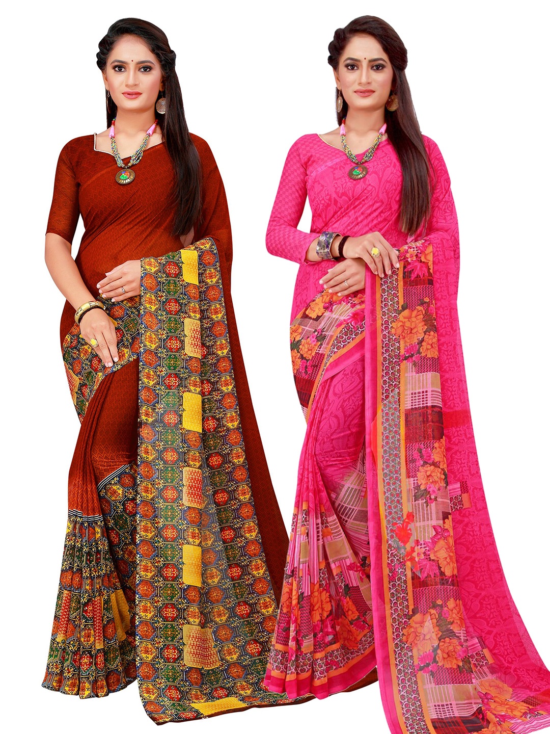 

KALINI Magenta & Brown Set of 2 Floral Printed Georgette Saree
