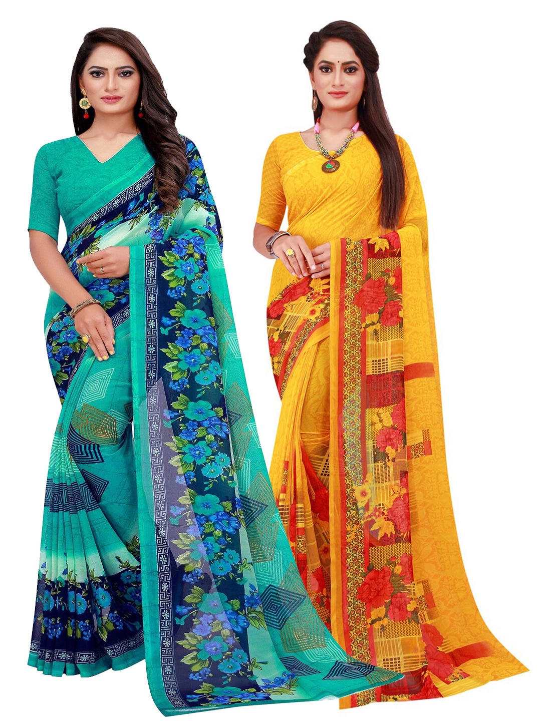 

KALINI Turquoise Blue & Yellow Printed Pure Georgette Saree