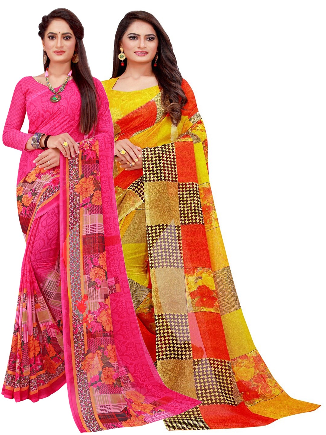 

KALINI Pack Of 2 Magenta & Yellow Pure Georgette Sarees