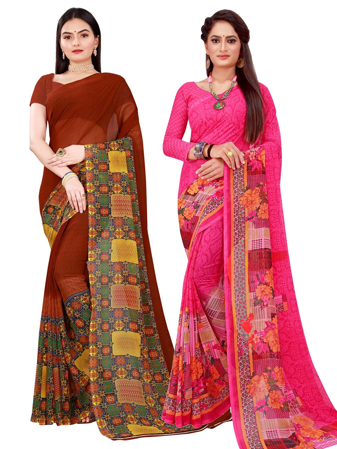 

KALINI Set Of 2 Magenta & Maroon Floral Pure Georgette Saree