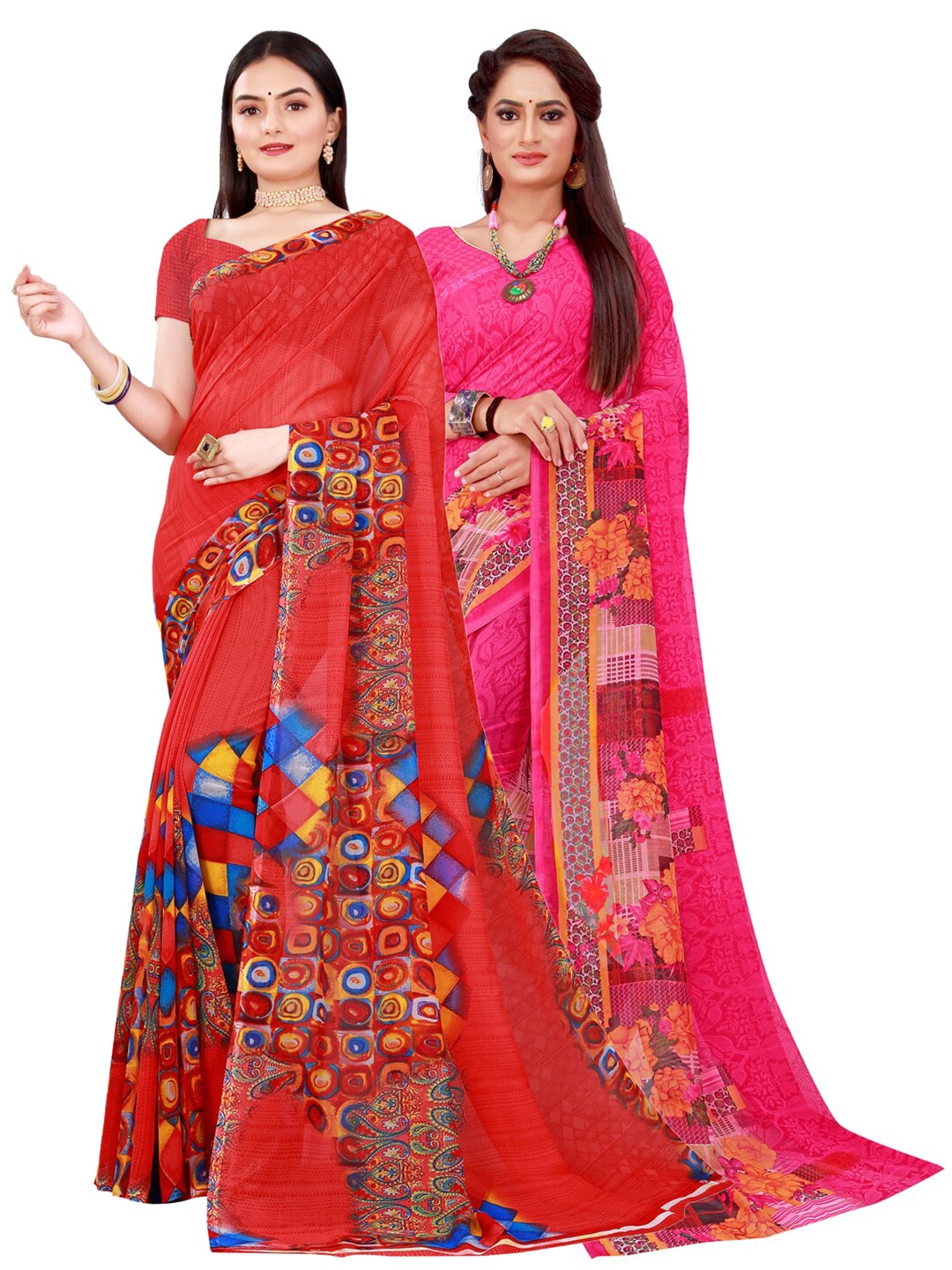 

KALINI Pack Of 2 Red & Magenta Floral Pure Georgette Saree