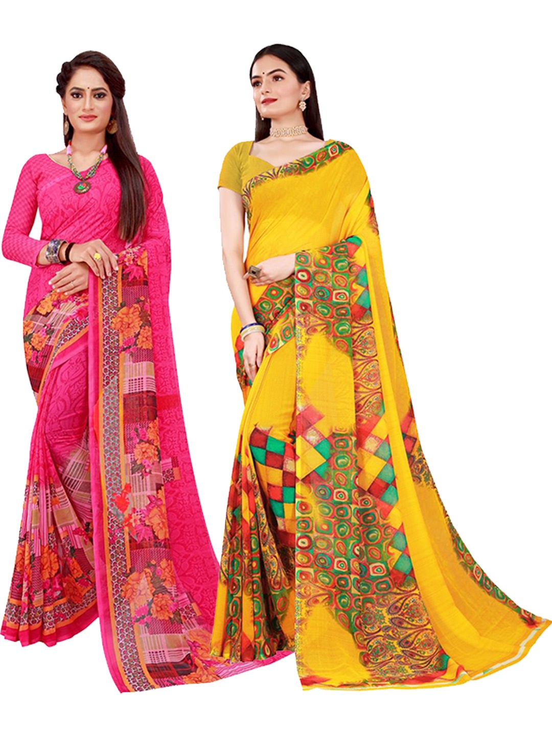 

KALINI Pack of 2 Magenta & Yellow Floral Pure Georgette Sarees